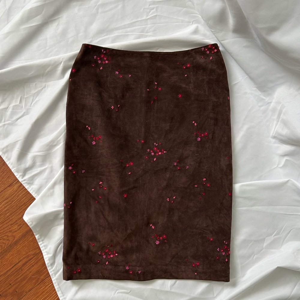 Ann Taylor Suede Midi Skirt Embroidered Flowers